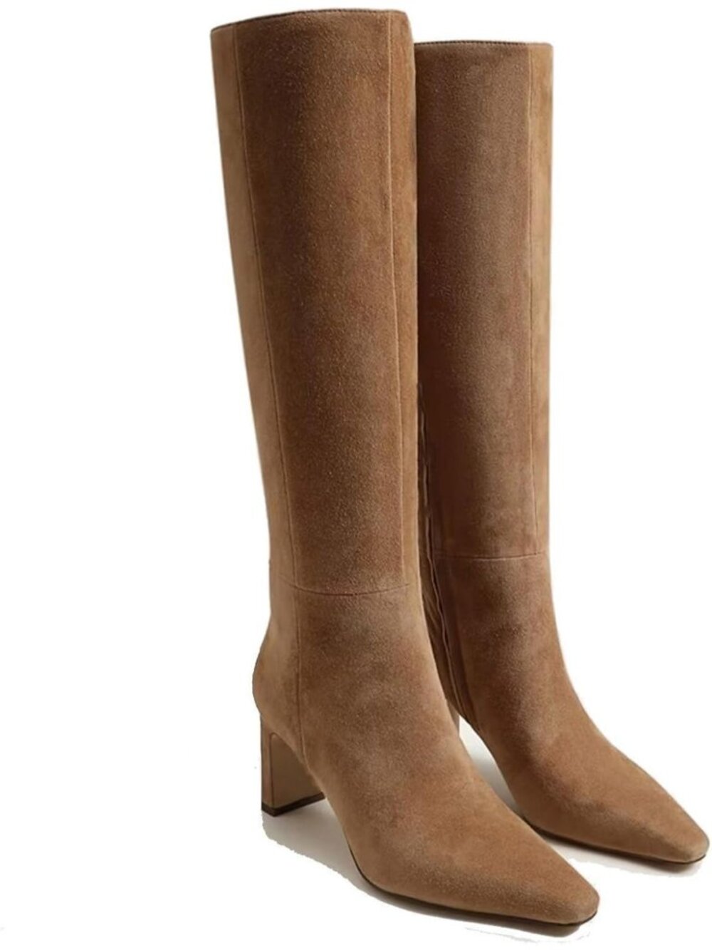 Women's  Camel Suede Chunky Block Heeled Tall Block Wide Calf Knee High Boots